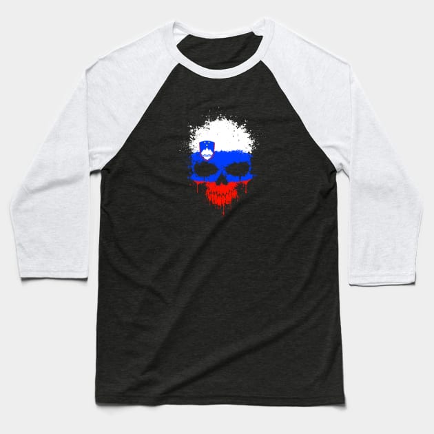 Chaotic Slovenian Flag Splatter Skull Baseball T-Shirt by jeffbartels